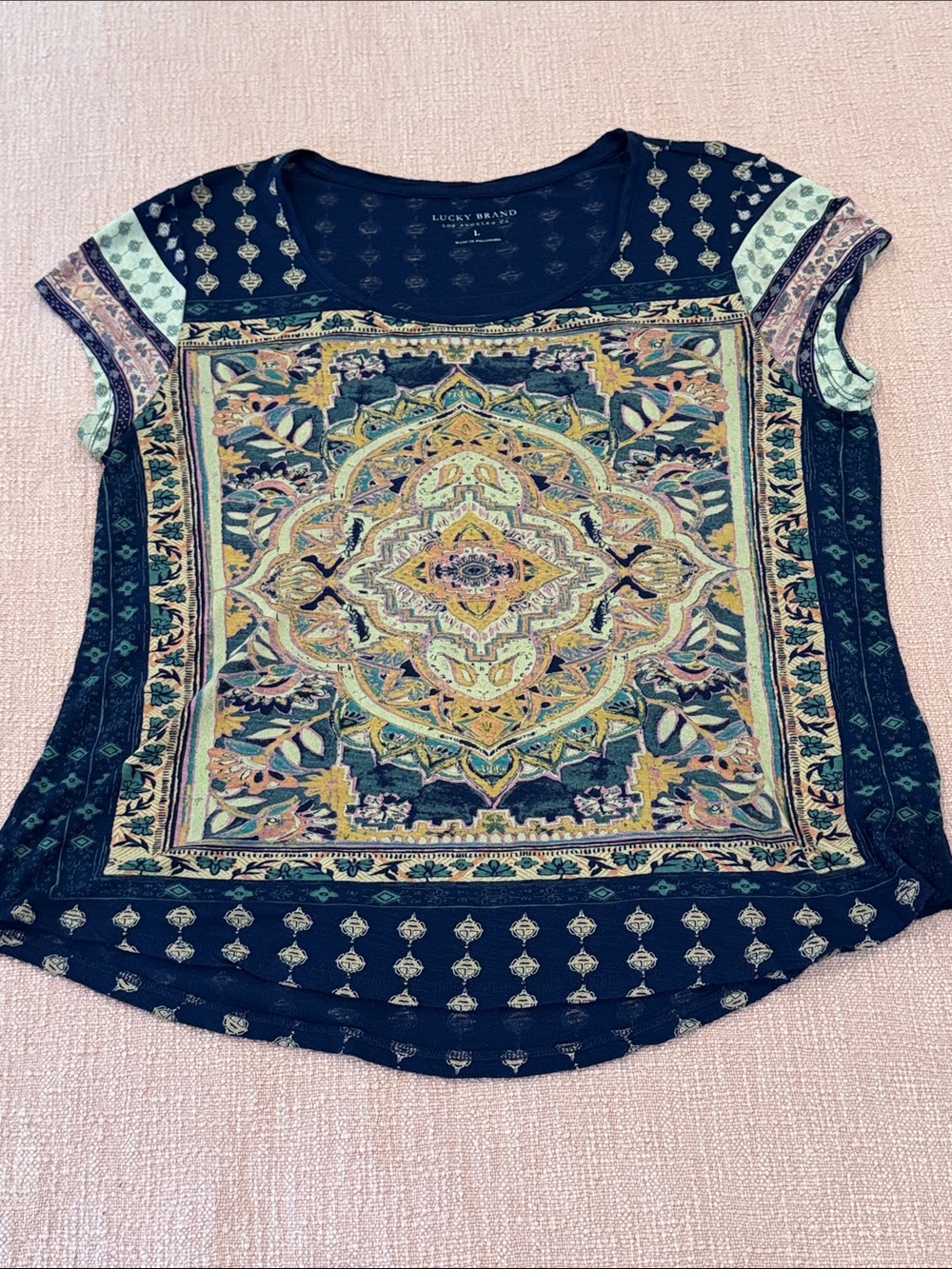 Lucky Brand large Women's Navy Blue Print Short Sleeve Top
